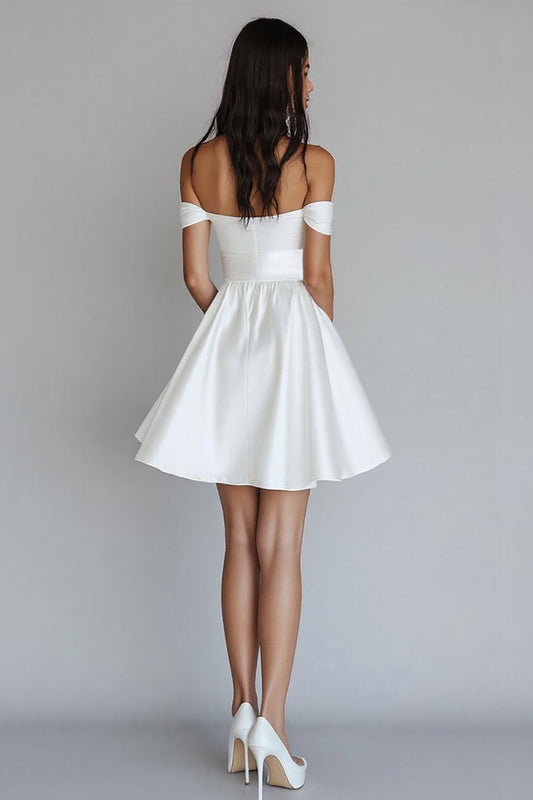 A Line White Off the Shoulder Satin Graduation Dress