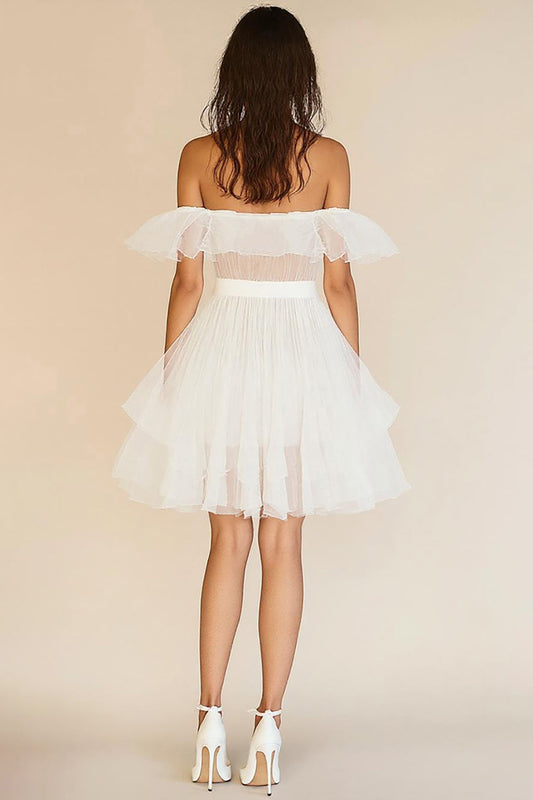 White A Line Off the Shoulder Tulle Graduation Dress with Rufflies