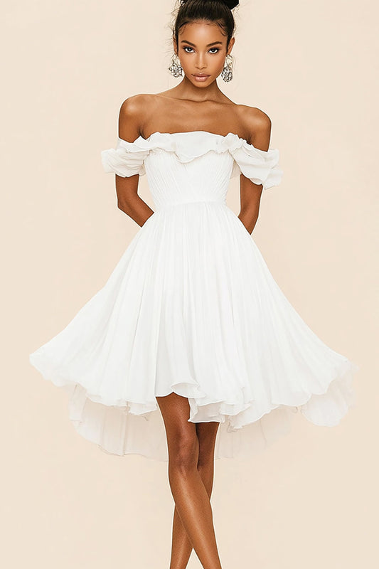 A Line White Chiffon Off the Shoulder Graduation Dress