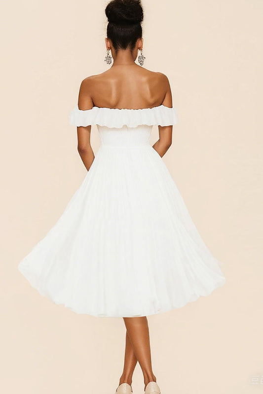 A Line White Chiffon Off the Shoulder Graduation Dress