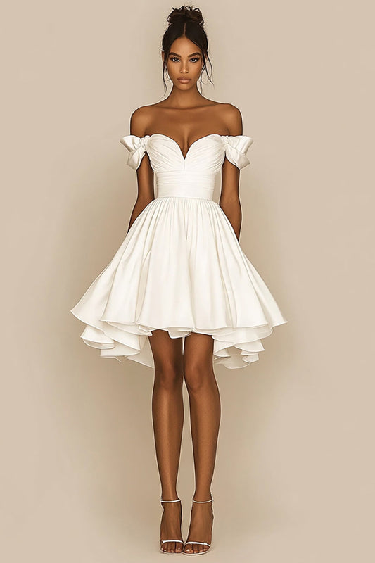 A Line White Short Satin Ruched Graduation Dress Off the Shoulder Short Bridal Shower Dress