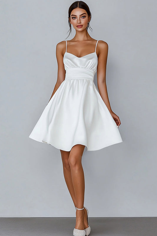 A Line White Spaghetti Straps Satin Short Graduation Dress