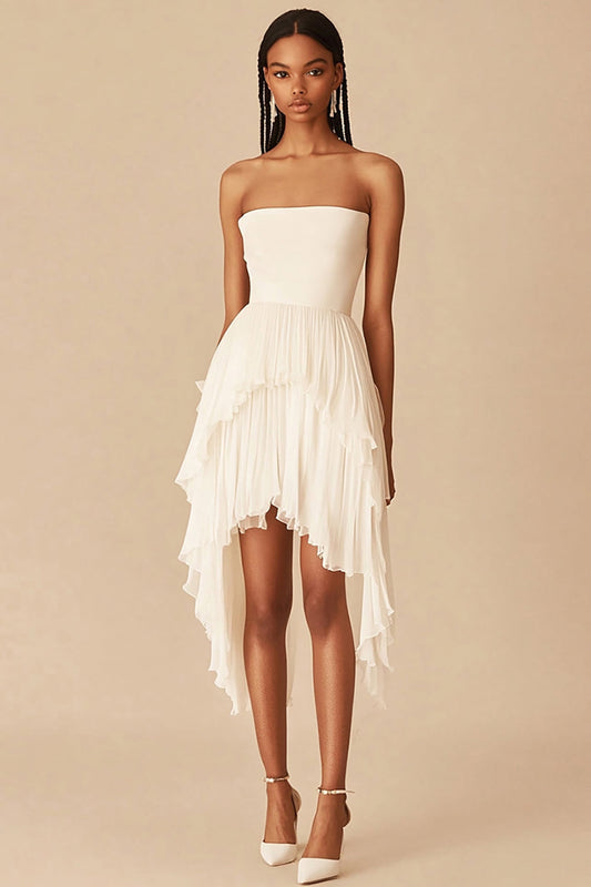 White Chiffon Strapless High-Low Graduation Dress