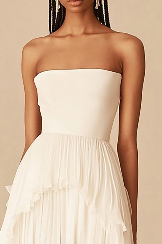 White Chiffon Strapless High-Low Graduation Dress