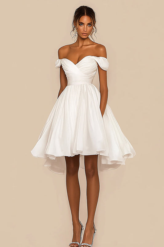 A Line White Chiffon Off the Shoulder Short Graduation Dress