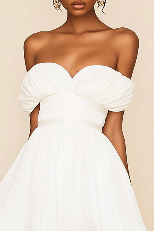 White Chiffon A Line Off the Shoulder Graduation Dress