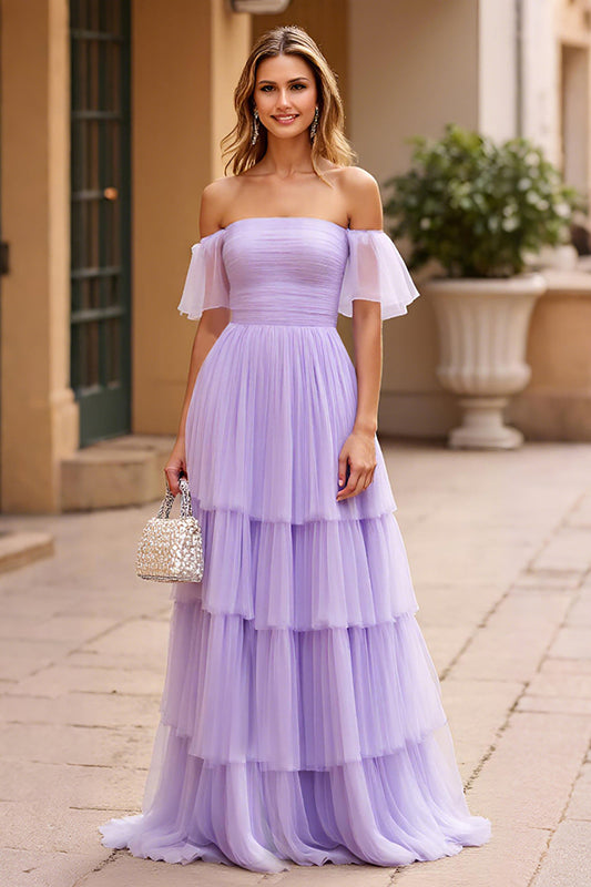 Lilac A Line Chiffon Tiered Square Neck Long Prom Dress