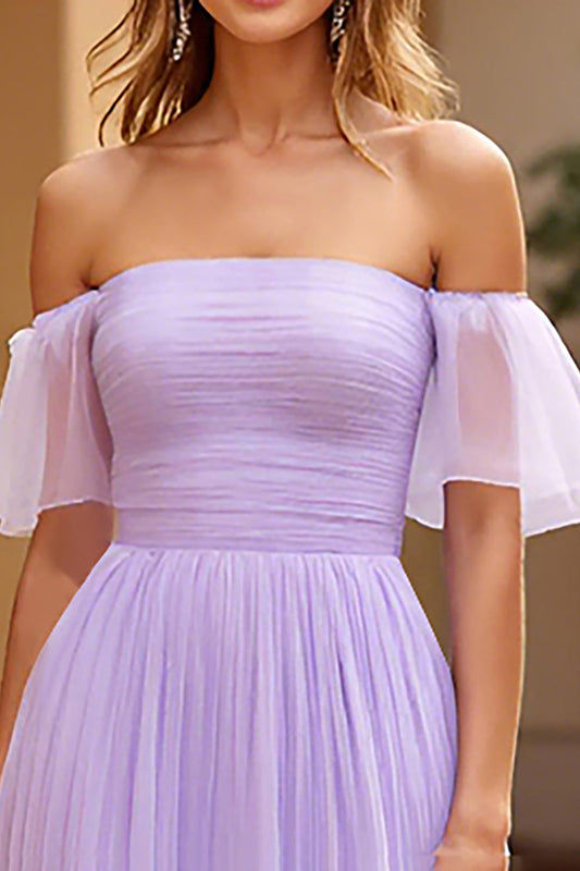 Lilac A Line Chiffon Tiered Square Neck Long Prom Dress