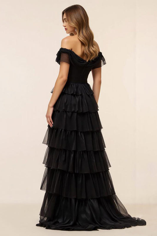 Chiffon A Line Off the Shoulder Long Black Tie Dress with Slit