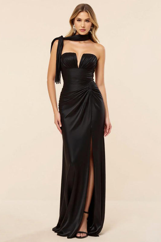 Satin Sheath Ruched Long Black Tie Dress with Slit