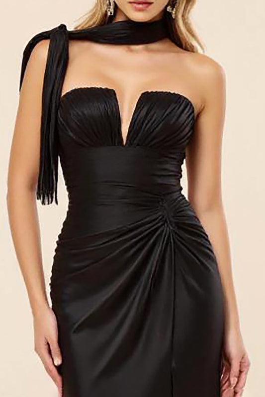Satin Sheath Ruched Long Black Tie Dress with Slit