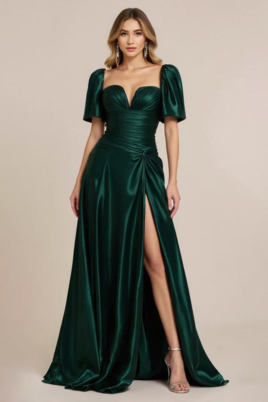 Dark Green Satin A Line Long Prom Dress with Short Sleeves