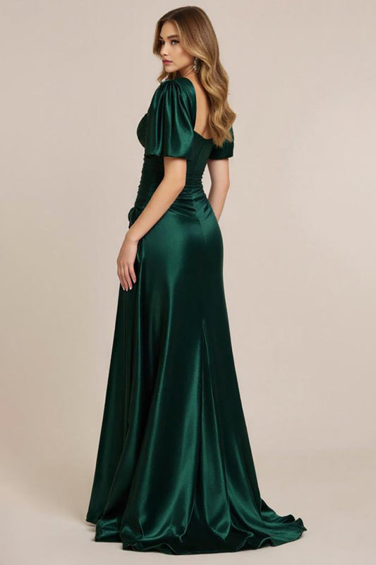 Dark Green Satin A Line Long Prom Dress with Short Sleeves