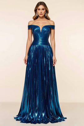Peacock Blue A Line Satin Glitter Off the Shoulder Long Prom Dress