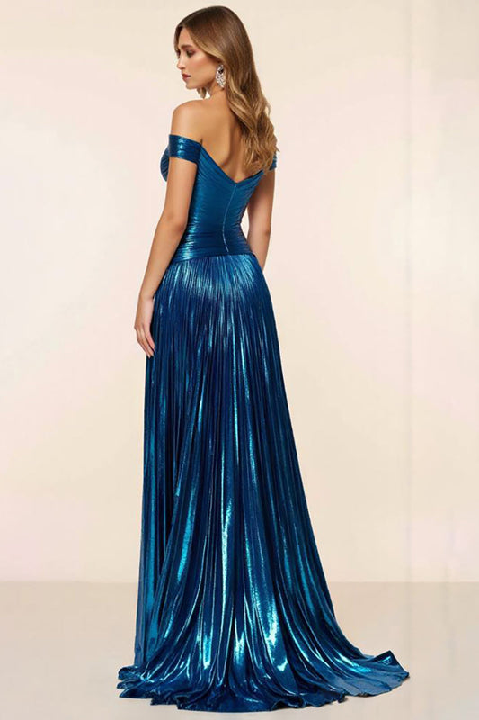 Peacock Blue A Line Satin Glitter Off the Shoulder Long Prom Dress
