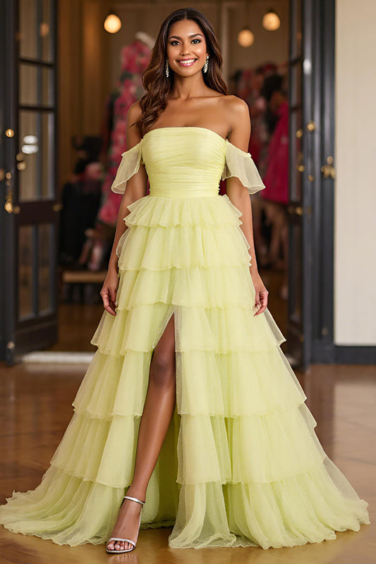 Lemon Yellow Ball Gown Tiered Long Tulle Prom Dress with Slit