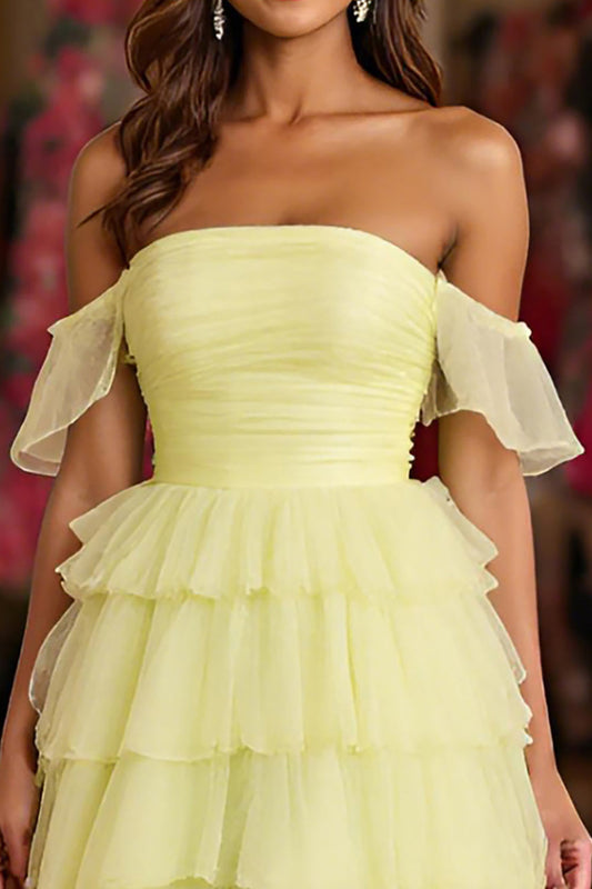 Lemon Yellow Ball Gown Tiered Long Tulle Prom Dress with Slit