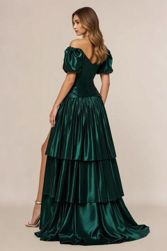 Dark Green A Line Off the Shoulder Long Prom Dress with Slit