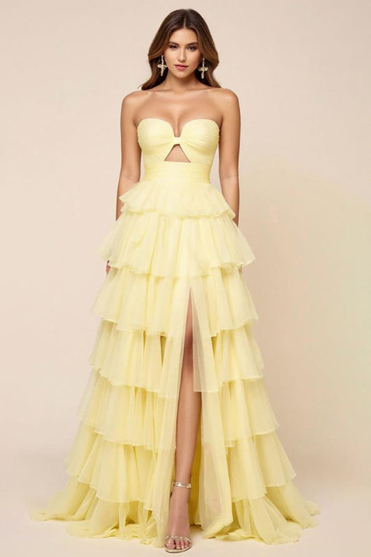 Daffodil Ball Gown Tulle Long Strapless Prom Dress with Slit