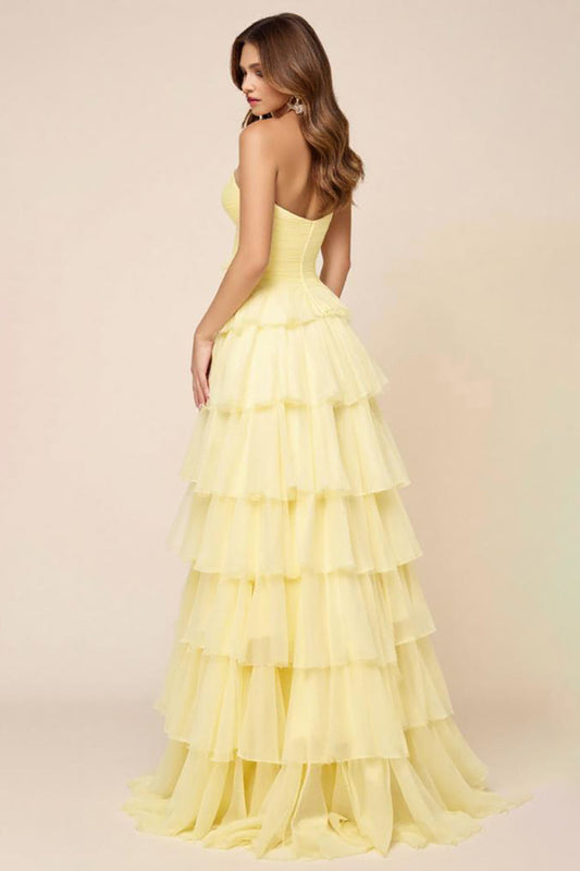 Daffodil Ball Gown Tulle Long Strapless Prom Dress with Slit