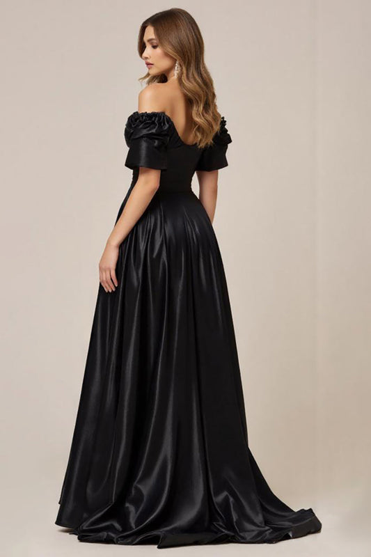 A Line Satin Off the Shoulder Long Black Tie Dress with Slit