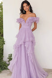 Lilac Chiffon A Line Pleated Long Ruffled Prom Dress Asymmetrical Off the Shoulder Pageant Dress  Lilac Chiffon A Line Pleated Long Ruffled Prom Dress Asymmetrical Off the Shoulder Pageant Dress