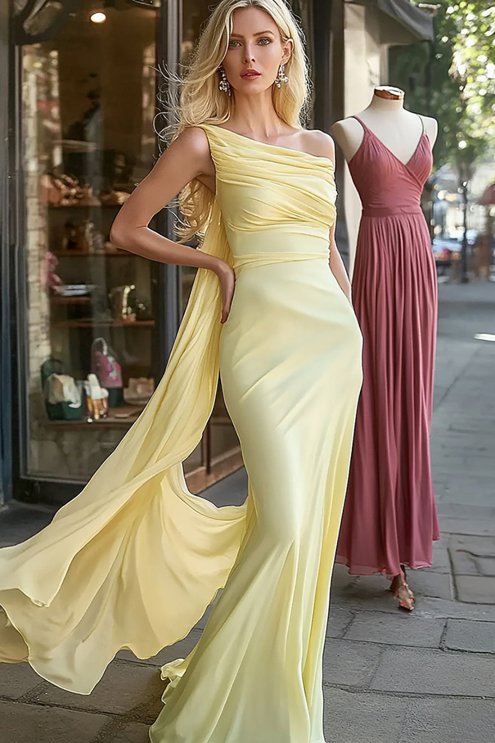 Daffodil Mermaid Chiffon Long One Shoulder Prom Dress with Sash Daffodil Mermaid Chiffon Long One Shoulder Prom Dress with Sash