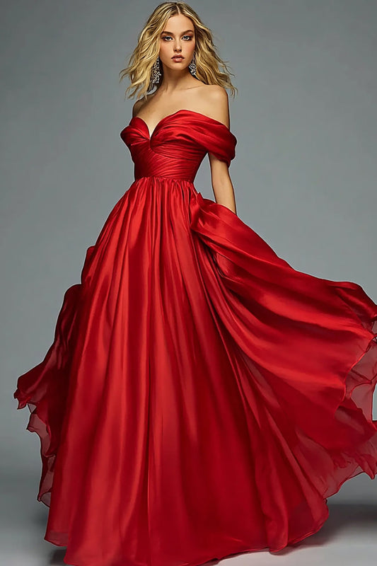 Red Satin A Line Off the Shoulder Ruched Long Prom Dress