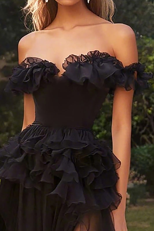 Chiffon A Line Off the Shoulder Long Black Tie Dress with Ruffles
