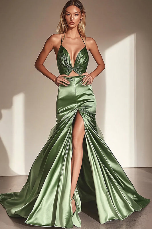 Dusty Sage Mermaid Satin V-Neck Long Prom Dress with Slit