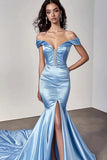 Sky Blue Satin Off the Shoulder Long Mermaid Prom Dress with Slit Sky Blue Satin Off the Shoulder Long Mermaid Prom Dress with Slit