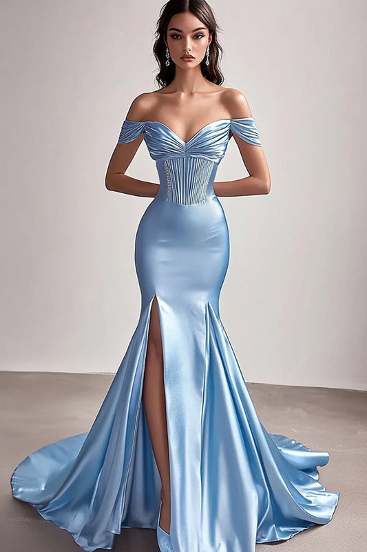 Sky Blue Satin Mermaid Long Off the Shoulder Prom Dress with Slit