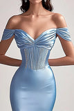 Sky Blue Satin Mermaid Long Off the Shoulder Prom Dress with Slit Sky Blue Satin Mermaid Long Off the Shoulder Prom Dress with Slit