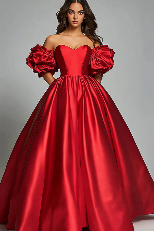 Red Satin Ball Gown Ruffled Long Sweetheart Prom Dress
