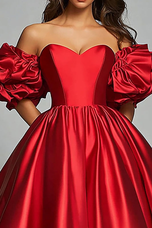 Red Satin Ball Gown Ruffled Long Sweetheart Prom Dress