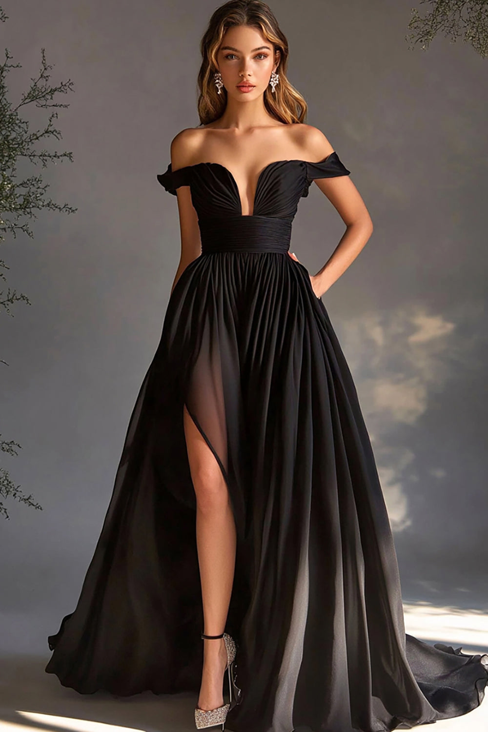 Zapakasa Women Chiffon Long A Line Black Tie Dress with Slit Off the Shoulder Pleated Formal Wedding Guest Dress Zapakasa Women Chiffon Long A Line Black Tie Dress with Slit Off the Shoulder Pleated Formal Wedding Guest Dress