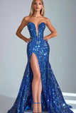 Sparkly Royal Blue Sequins Strapless Long Prom Dress with Slit Sparkly Royal Blue Sequins Strapless Long Prom Dress with Slit