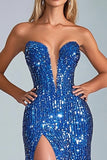 Sparkly Royal Blue Sequins Strapless Long Prom Dress with Slit Sparkly Royal Blue Sequins Strapless Long Prom Dress with Slit
