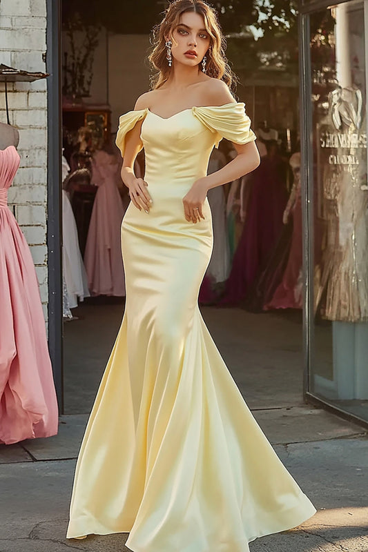 Daffodil Satin Mermaid Long Off the Shoulder Prom Dress