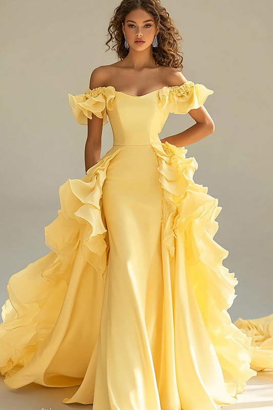 Yellow Satin Long Mermaid Prom Dress Off the Shoulder Ruffled Formal Dress