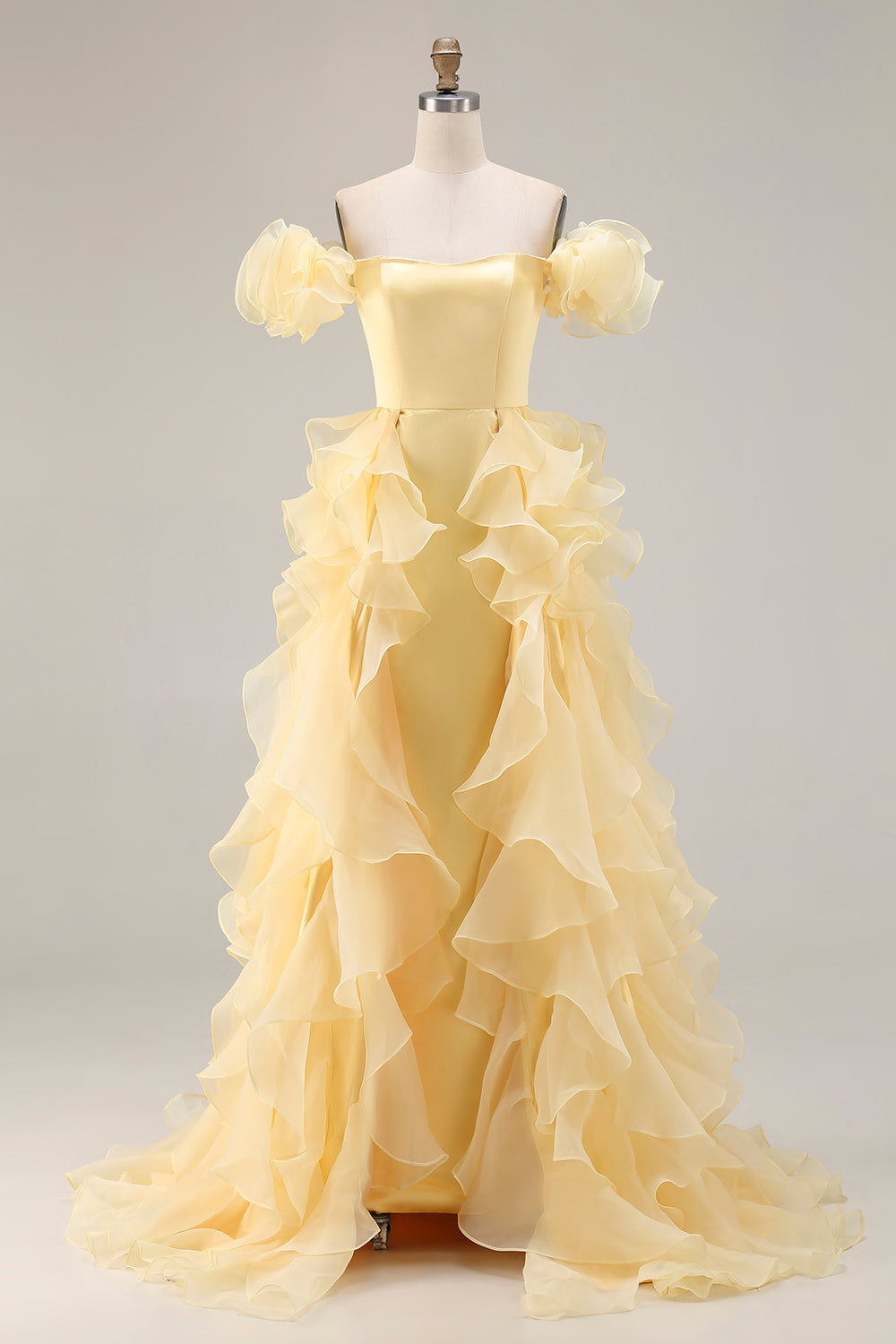 belle dress for prom Zapakasa Women Yellow Satin Long Mermaid Prom Dress Off the Shoulder Ruffled Formal Dress