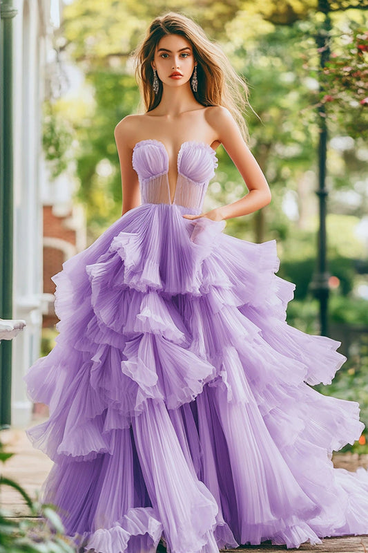 Lilac Tulle Ball Gown Strapless Long Prom Dress with Ruffles