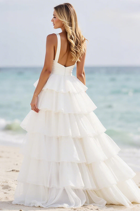 White A Line Tiered Organza Prom Dress with Slit
