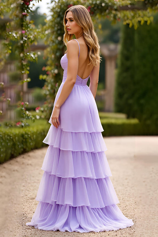 Lilac A Line Chiffon Tiered Long Sweetheart Prom Dress