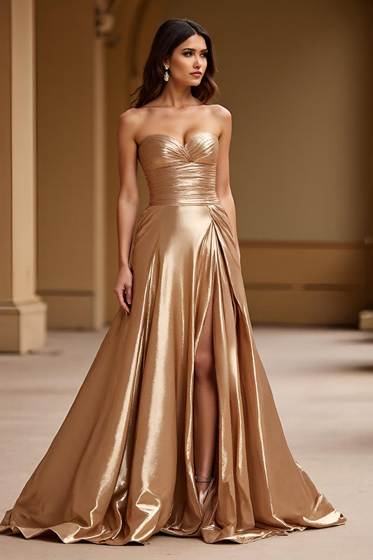 Metallic Gold A Line Strapless Long Prom Dress with Slit