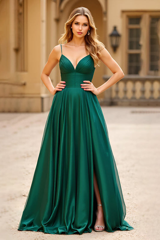 Dark Green A Line Spaghetti Straps Long Satin Prom Dress with Slit