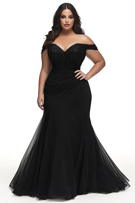 Black Mermaid V-Neck Plus Size Long Prom Dress with Appliques