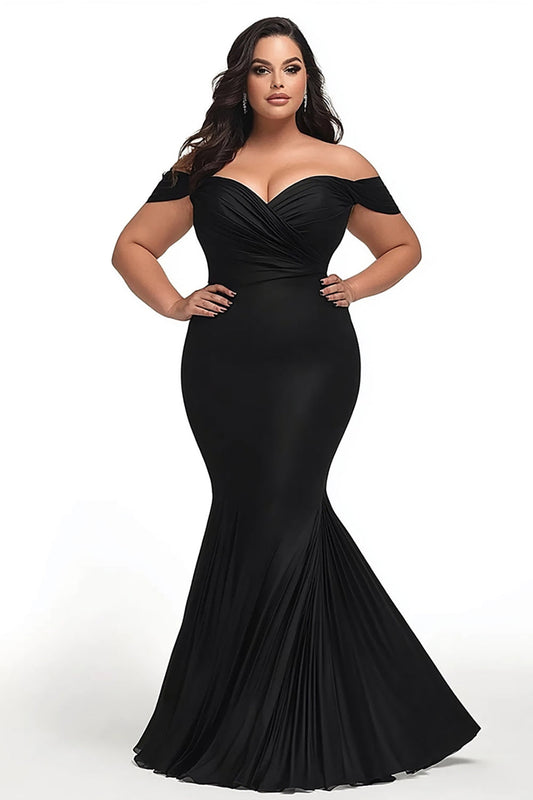 Black Mermaid Satin Off the Shoulder Long Plus Size Prom Dress