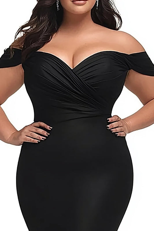 Black Mermaid Satin Off the Shoulder Long Plus Size Prom Dress