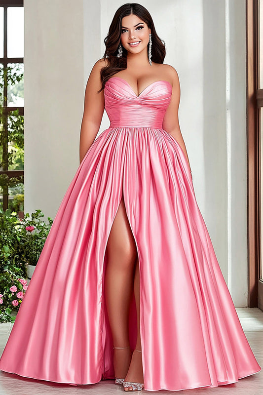 Pink A Line Pleated Strapless Plus Size Prom Dress with Slit